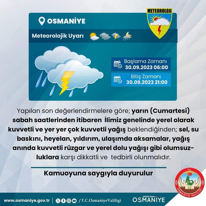Meteorolojik Uyarı ️️️ Adananın doğusu Osmaniye ve Hatay çevrelerinde Kuvvetli Yağış Bekleniyor ‼️